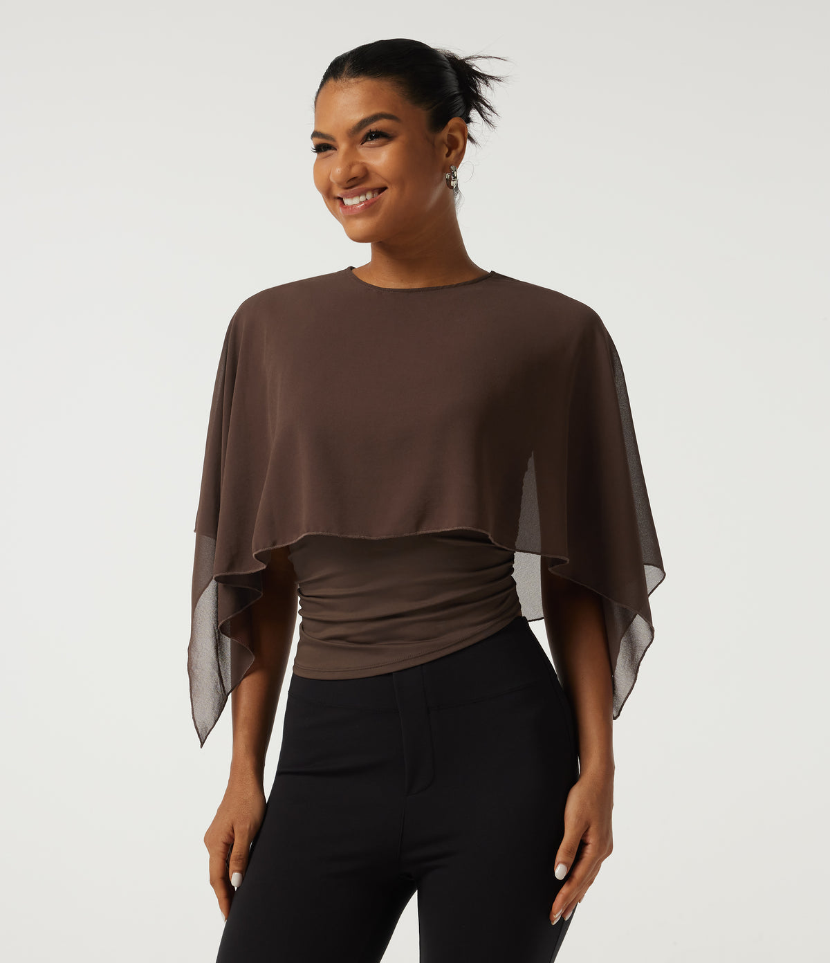 Round Neck Flounce Half Sleeve 2-in-1 Ruched Asymmetrical Hem Work Blouse — Hot Fudge — view 4
