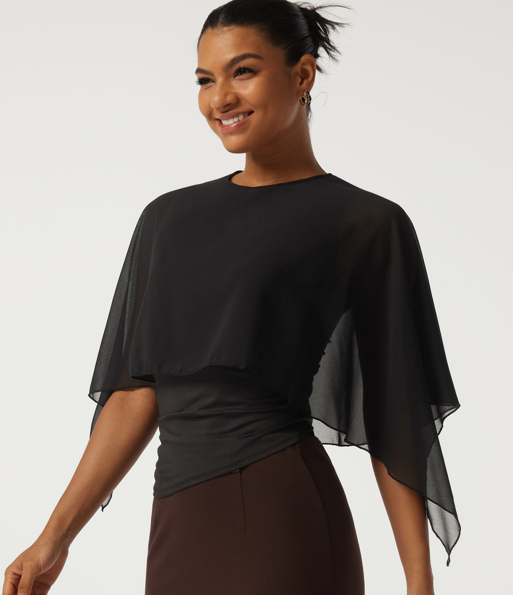 Round Neck Flounce Half Sleeve 2-in-1 Ruched Asymmetrical Hem Work Blouse — Black — view 9
