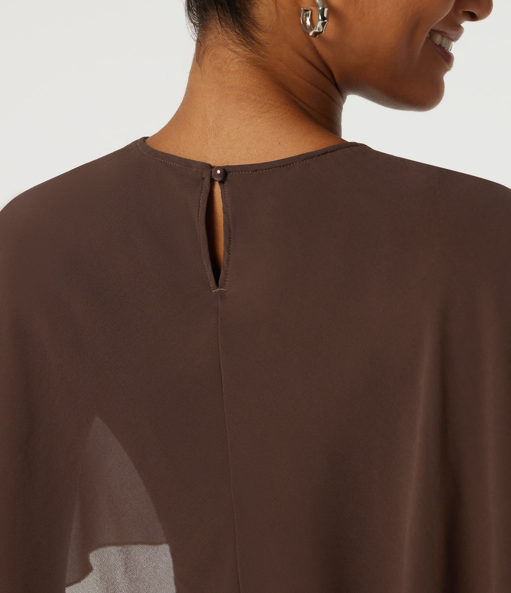 Round Neck Flounce Half Sleeve 2-in-1 Ruched Asymmetrical Hem Work Blouse — Hot Fudge — view 6