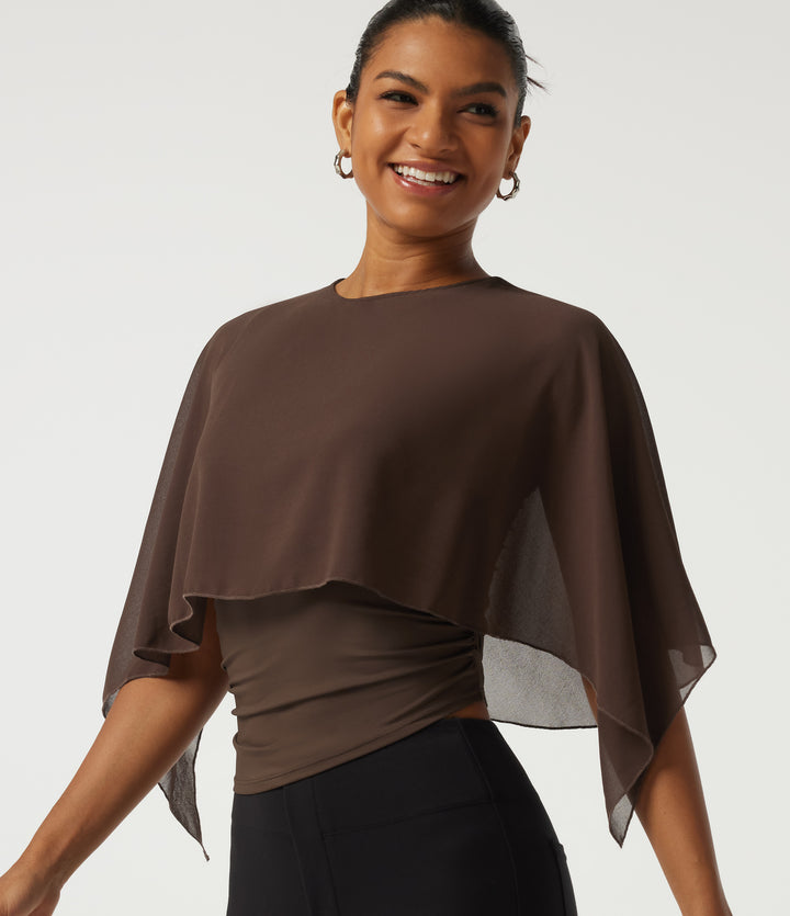 Round Neck Flounce Half Sleeve 2-in-1 Ruched Asymmetrical Hem Work Blouse — Hot Fudge — view 1