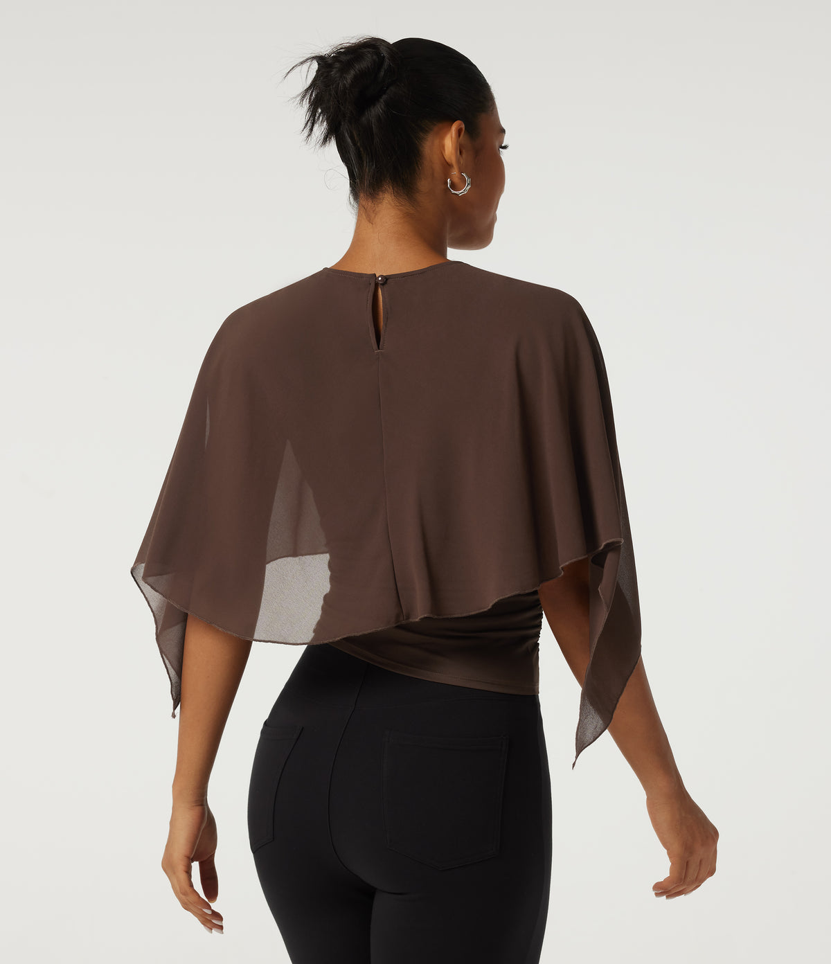 Round Neck Flounce Half Sleeve 2-in-1 Ruched Asymmetrical Hem Work Blouse — Hot Fudge — view 2