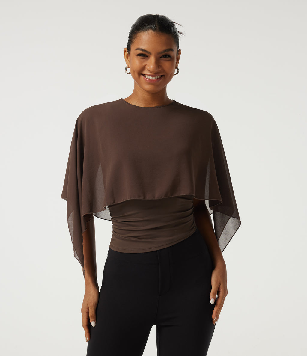 Round Neck Flounce Half Sleeve 2-in-1 Ruched Asymmetrical Hem Work Blouse — Hot Fudge — view 3