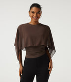 Round Neck Flounce Half Sleeve 2-in-1 Ruched Asymmetrical Hem Work Blouse — Hot Fudge — view 3