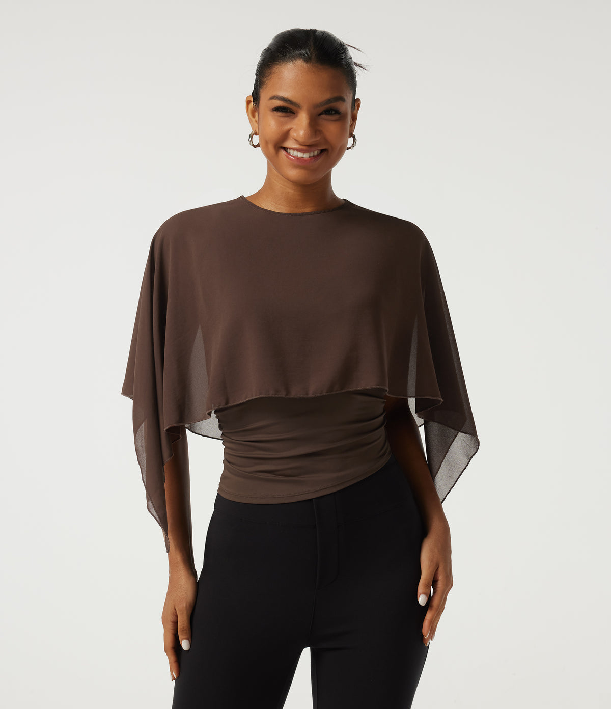 Round Neck Flounce Half Sleeve 2-in-1 Ruched Asymmetrical Hem Work Blouse — Hot Fudge — view 3