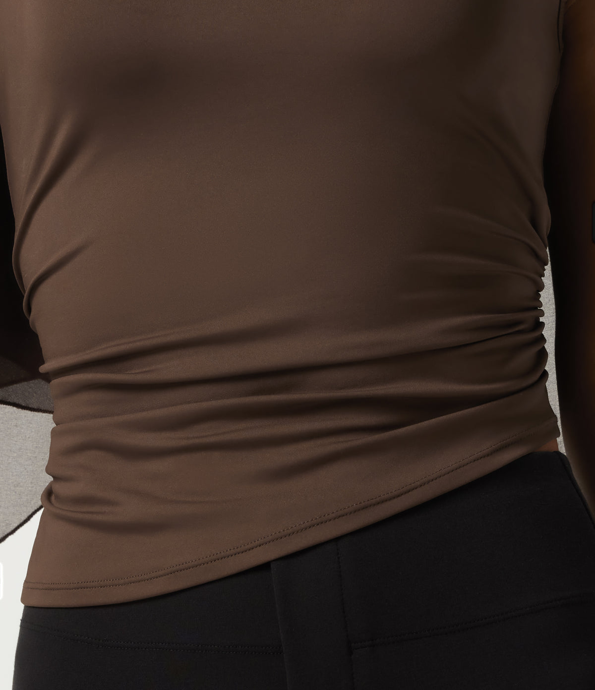Round Neck Flounce Half Sleeve 2-in-1 Ruched Asymmetrical Hem Work Blouse — Hot Fudge — view 7