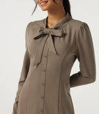 Mock Neck Long Sleeve Tie Front Mini Work Dress — Birch Brown — view 4