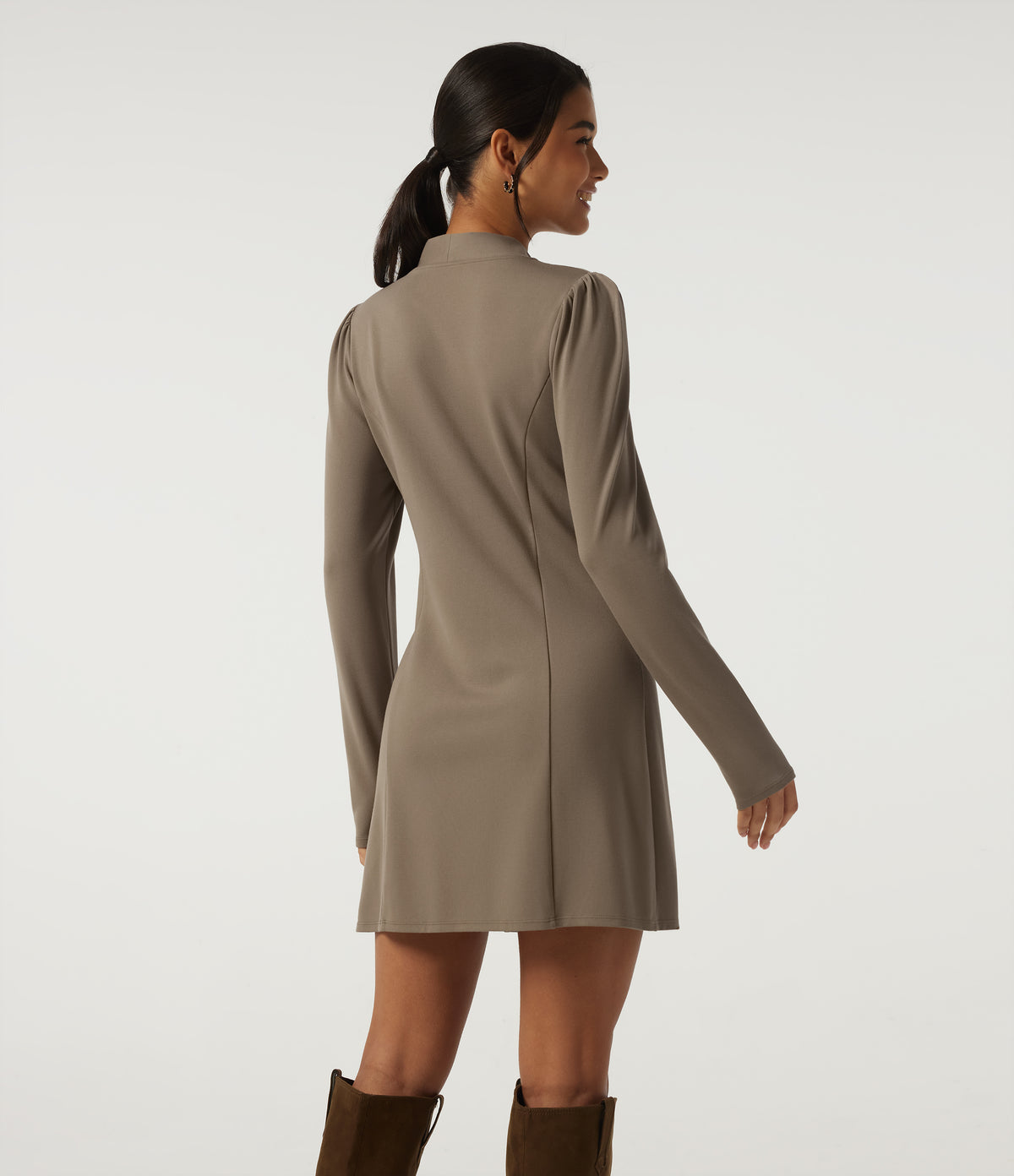 Mock Neck Long Sleeve Tie Front Mini Work Dress — Birch Brown — view 2