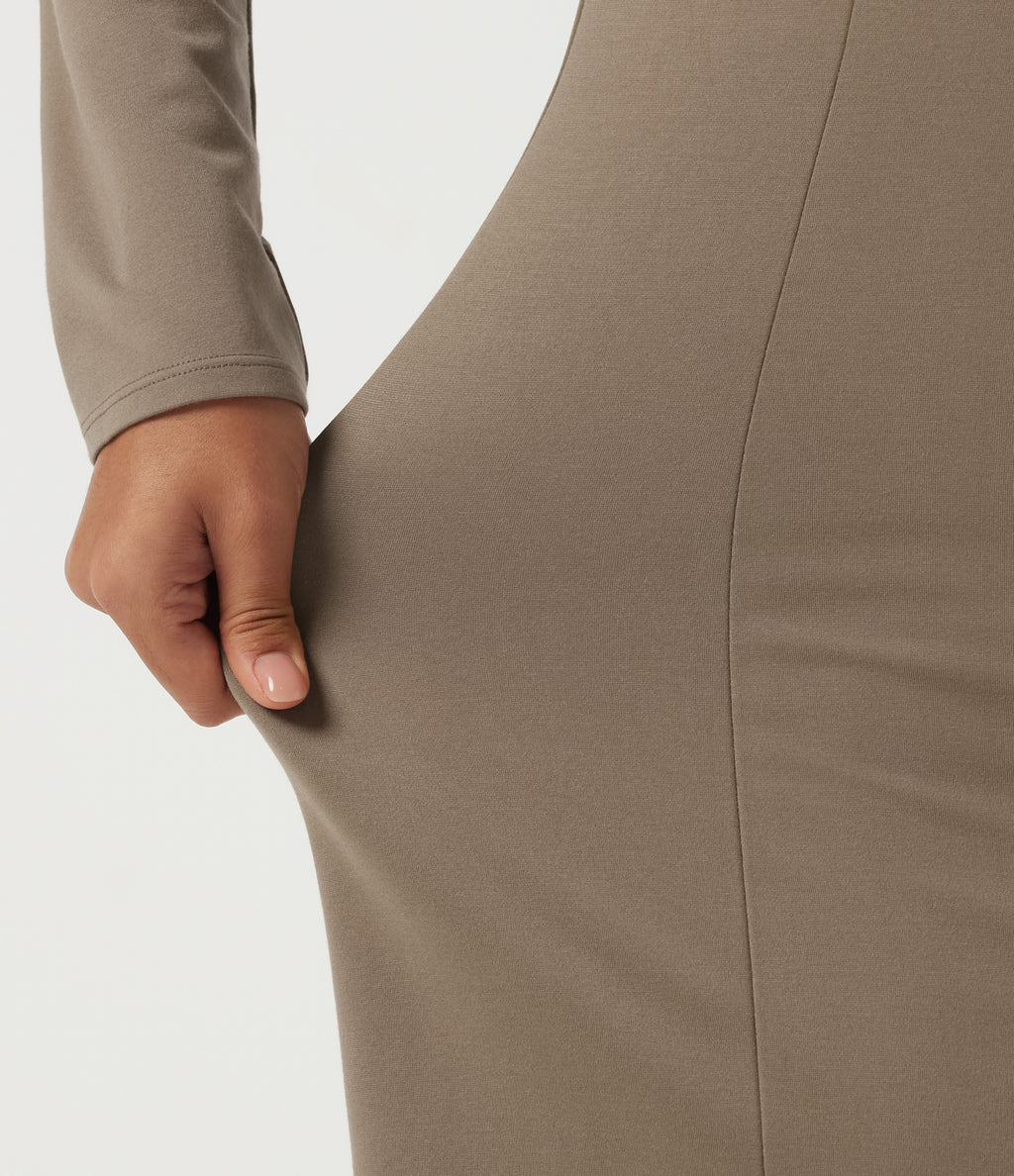 Mock Neck Long Sleeve Tie Front Mini Work Dress — Birch Brown — view 5