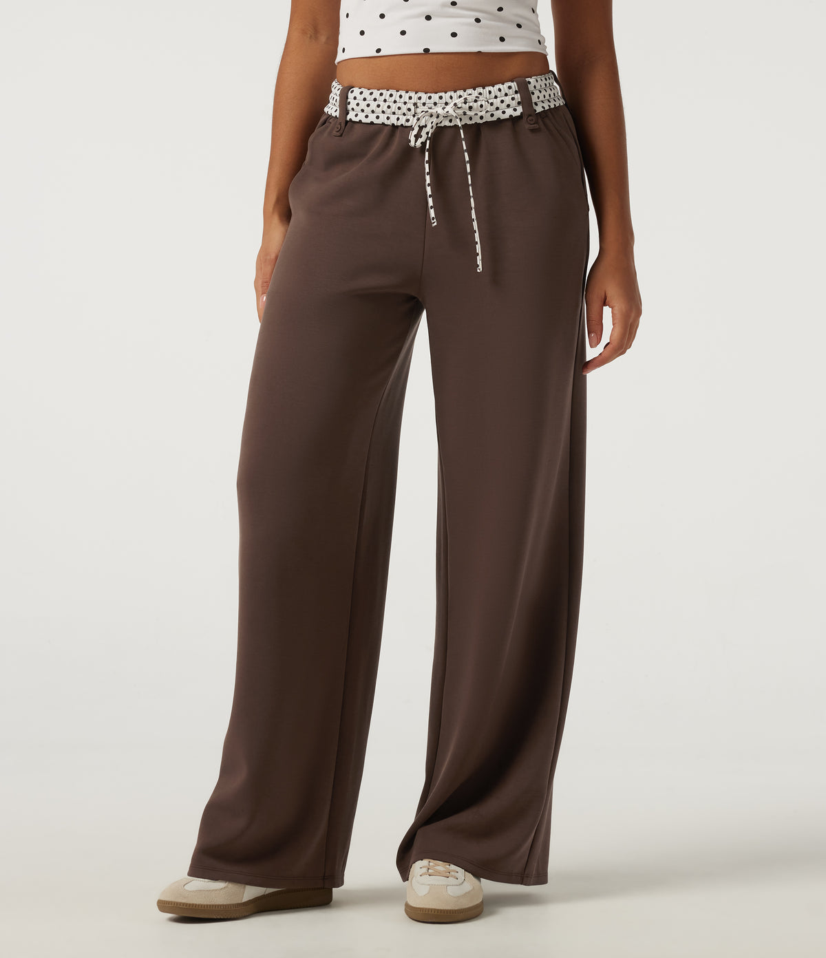 Low Rise Polka Dot Drawstring Foldover Wide Leg Casual Sweatpants with Pockets — Fresh Bark — view 1