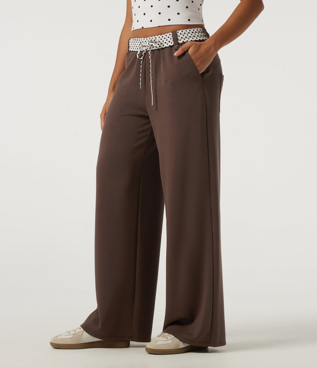 Low Rise Polka Dot Drawstring Foldover Wide Leg Casual Sweatpants with Pockets — Fresh Bark — view 3
