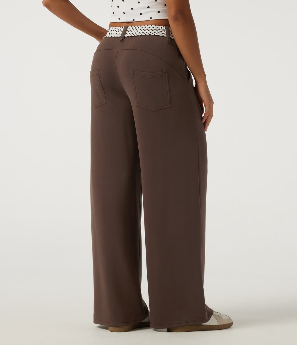 Low Rise Polka Dot Drawstring Foldover Wide Leg Casual Sweatpants with Pockets — Fresh Bark — view 2