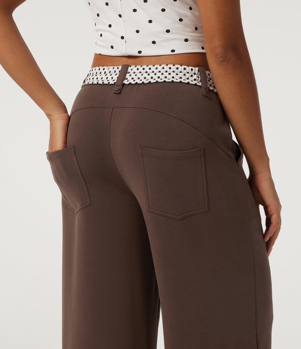 Low Rise Polka Dot Drawstring Foldover Wide Leg Casual Sweatpants with Pockets — Fresh Bark — view 5