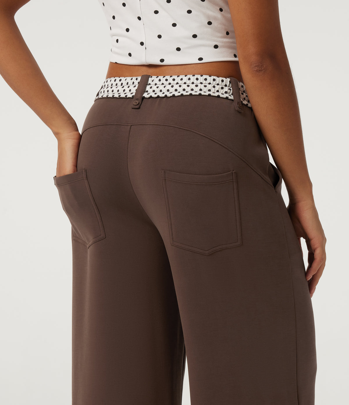 Low Rise Polka Dot Drawstring Foldover Wide Leg Casual Sweatpants with Pockets — Fresh Bark — view 5