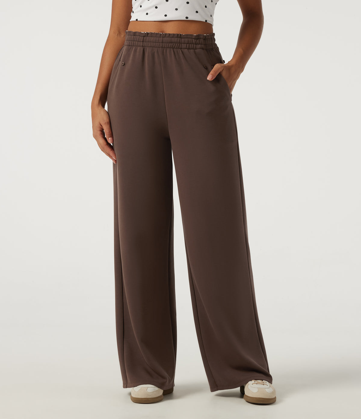 Low Rise Polka Dot Drawstring Foldover Wide Leg Casual Sweatpants with Pockets — Fresh Bark — view 4