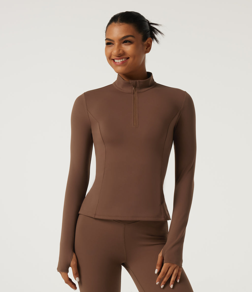 Stand Collar Long Sleeve Ruffle Hem Yoga Sports Top with Pockets and Thumb Holes — Bison — view 3