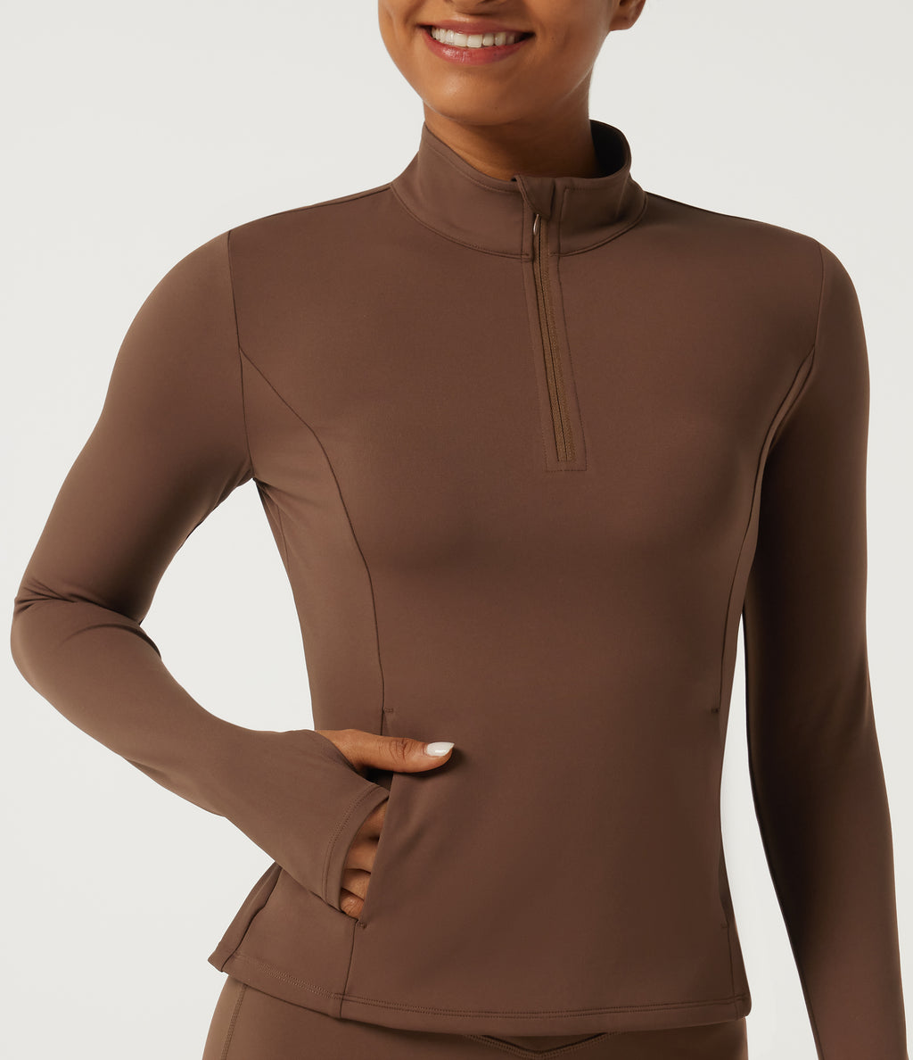 Stand Collar Long Sleeve Ruffle Hem Yoga Sports Top with Pockets and Thumb Holes — Bison — view 6
