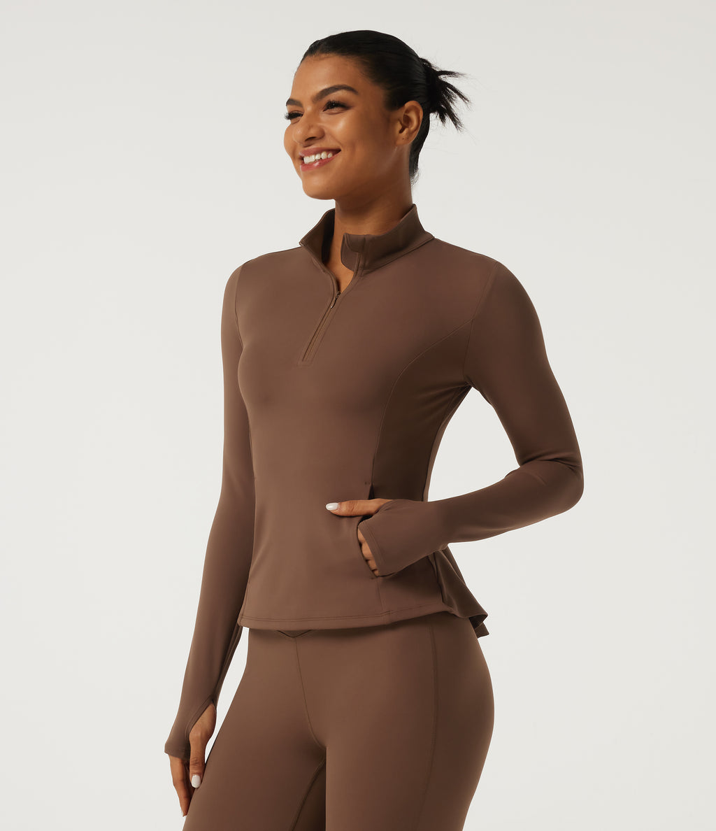 Stand Collar Long Sleeve Ruffle Hem Yoga Sports Top with Pockets and Thumb Holes — Bison — view 2