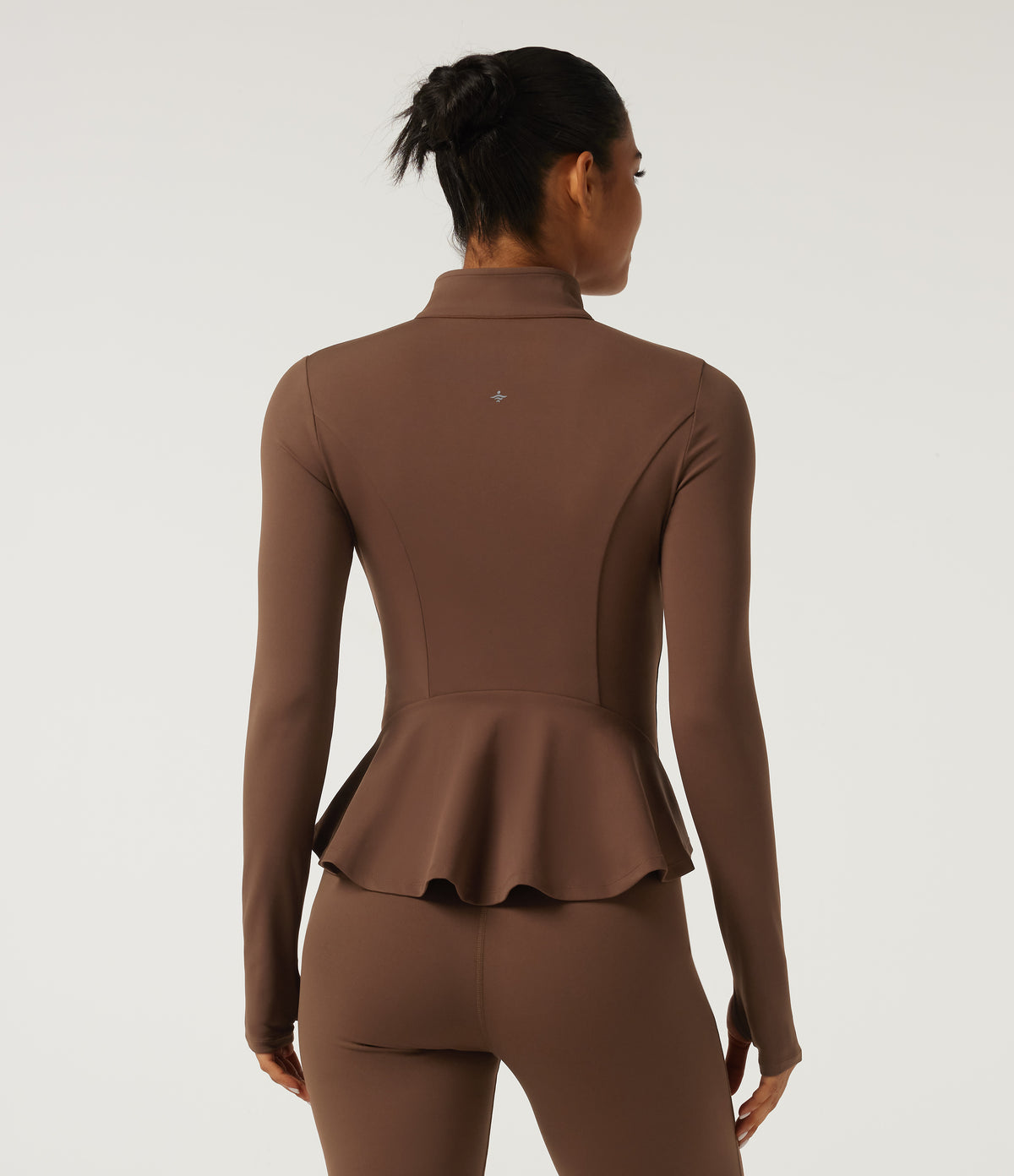 Stand Collar Long Sleeve Ruffle Hem Yoga Sports Top with Pockets and Thumb Holes — Bison — view 4