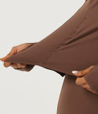 Stand Collar Long Sleeve Ruffle Hem Yoga Sports Top with Pockets and Thumb Holes — Bison — view 8