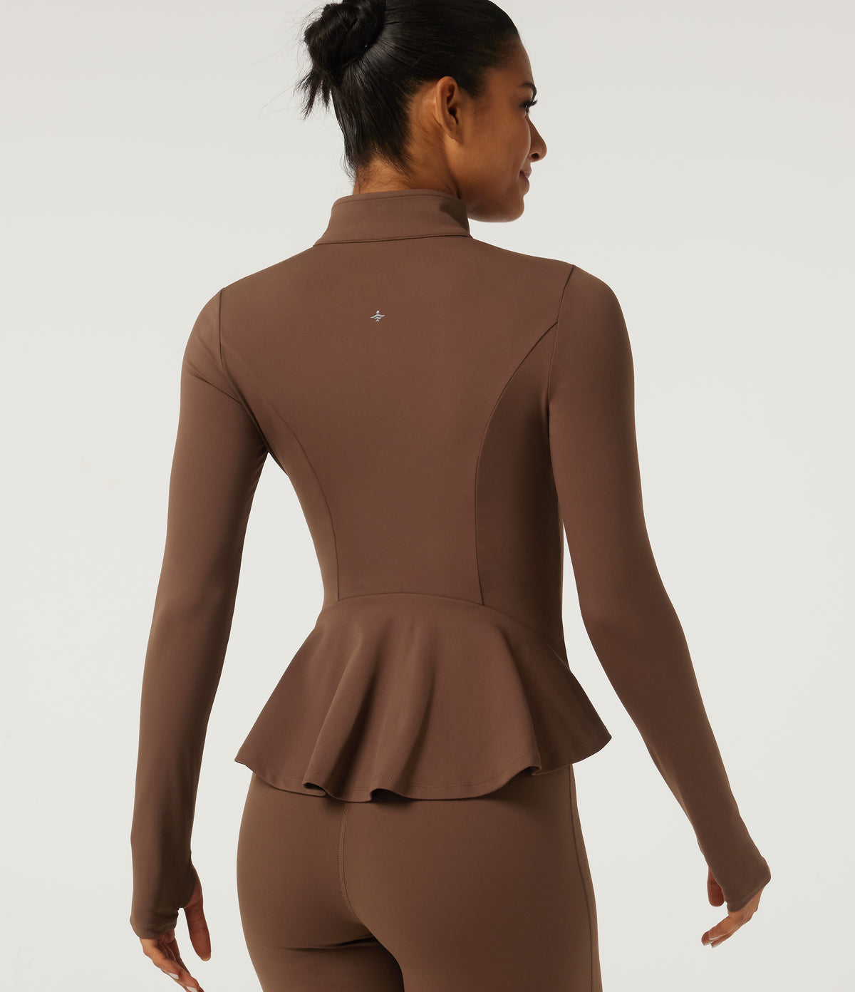 Stand Collar Long Sleeve Ruffle Hem Yoga Sports Top with Pockets and Thumb Holes — Bison — view 1
