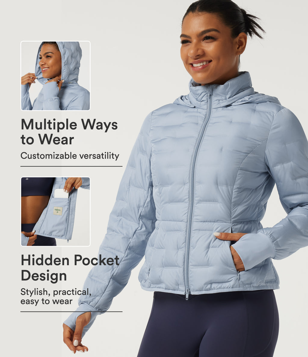 Removable Hood Long Sleeve Quilted Casual Down Jacket with Pockets and Thumb Holes — Angel Falls — view 1