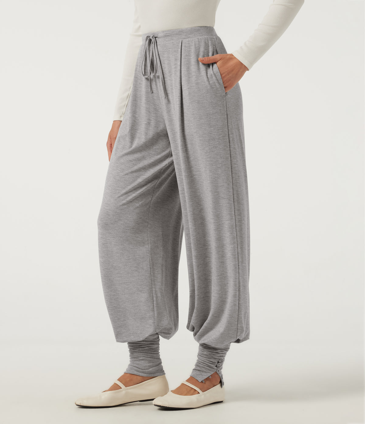 Wind Resistant Mid Rise Wide Leg Casual Trousers with Pockets — Fog Gray — view 3