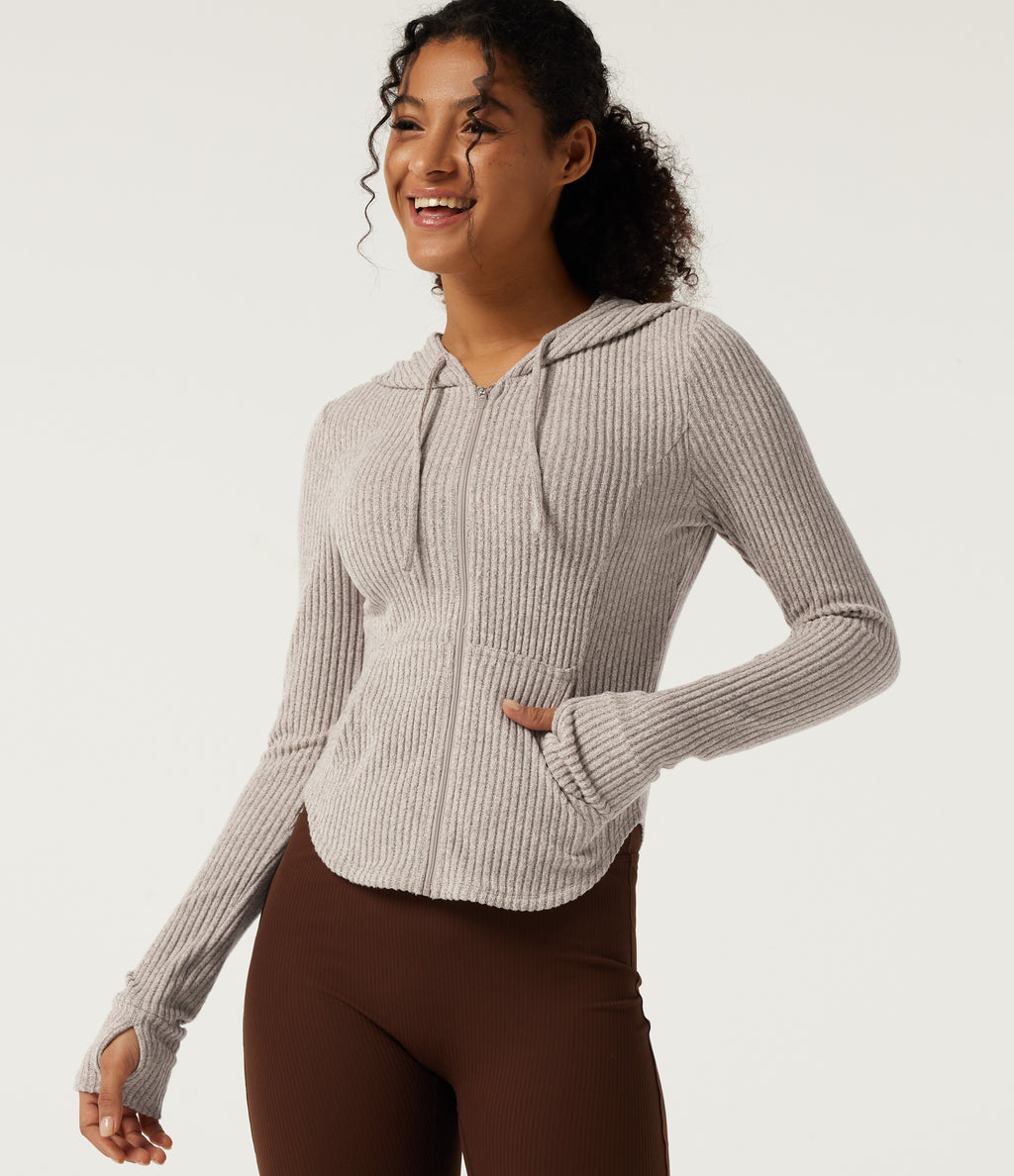 Ribbed Knit Hooded Long Sleeve Yoga Jacket with Pockets — Smoked Olive — view 5