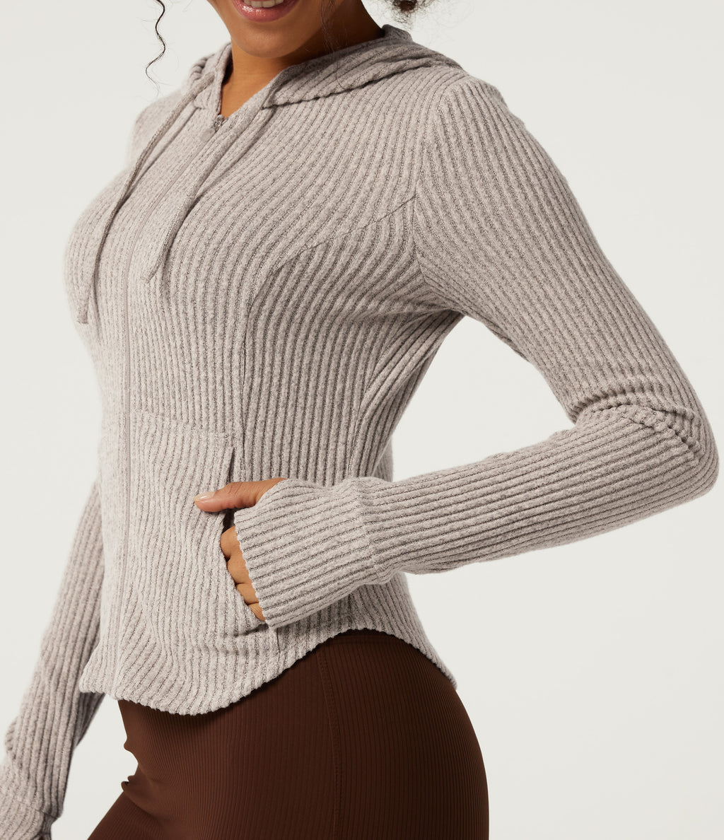 Ribbed Knit Hooded Long Sleeve Yoga Jacket with Pockets — Smoked Olive — view 7