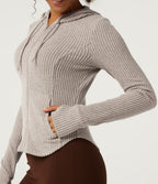 Ribbed Knit Hooded Long Sleeve Yoga Jacket with Pockets — Smoked Olive — view 7