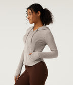 Ribbed Knit Hooded Long Sleeve Yoga Jacket with Pockets — Smoked Olive — view 3
