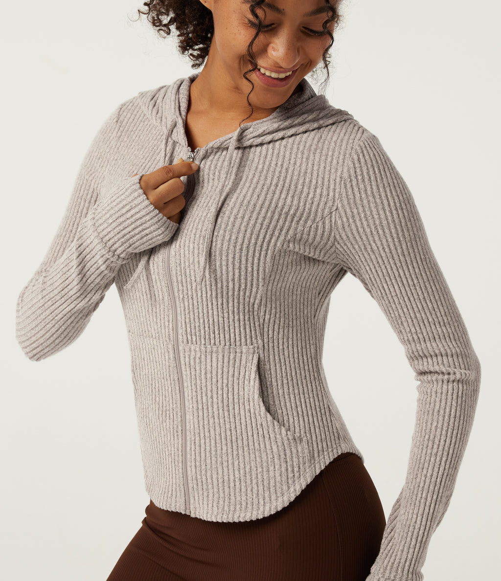 Ribbed Knit Hooded Long Sleeve Yoga Jacket with Pockets — Smoked Olive — view 6
