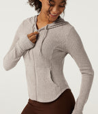 Ribbed Knit Hooded Long Sleeve Yoga Jacket with Pockets — Smoked Olive — view 6