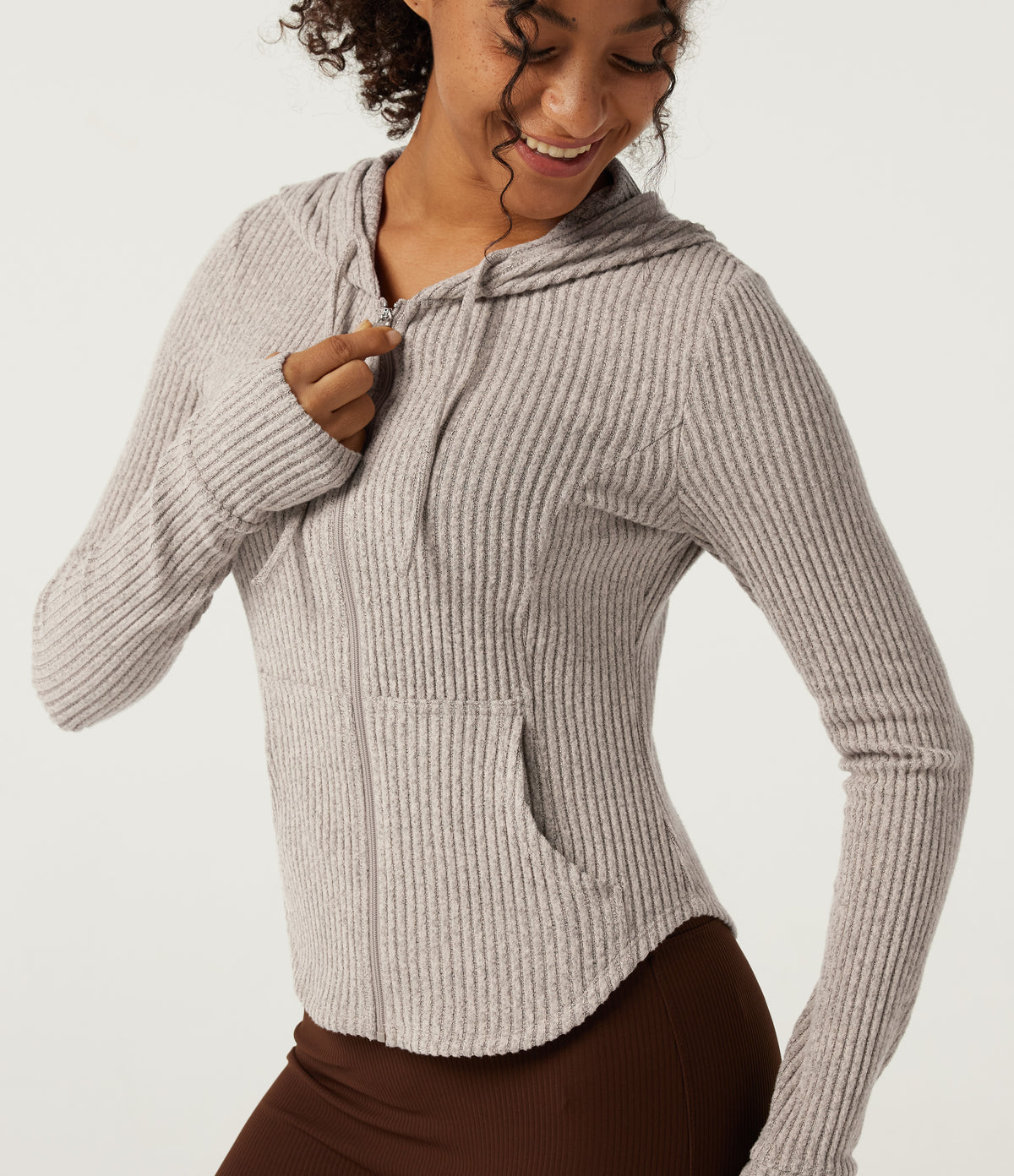 Ribbed Knit Hooded Long Sleeve Yoga Jacket with Pockets — Smoked Olive — view 6