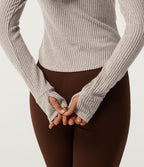Ribbed Knit Hooded Long Sleeve Yoga Jacket with Pockets — Smoked Olive — view 8