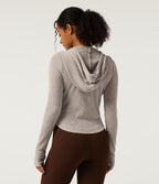 Ribbed Knit Hooded Long Sleeve Yoga Jacket with Pockets — Smoked Olive — view 2