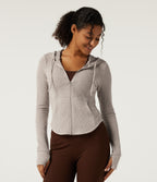 Ribbed Knit Hooded Long Sleeve Yoga Jacket with Pockets — Smoked Olive — view 1