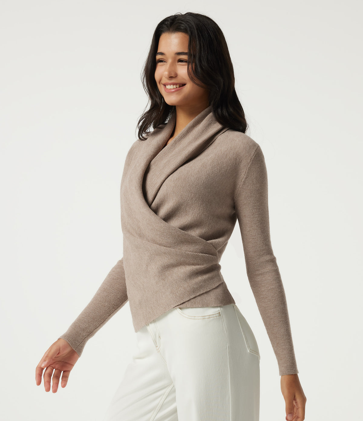 Cowl Neck Long Sleeve Stacked Casual Jumper — Gilded Beige — view 3