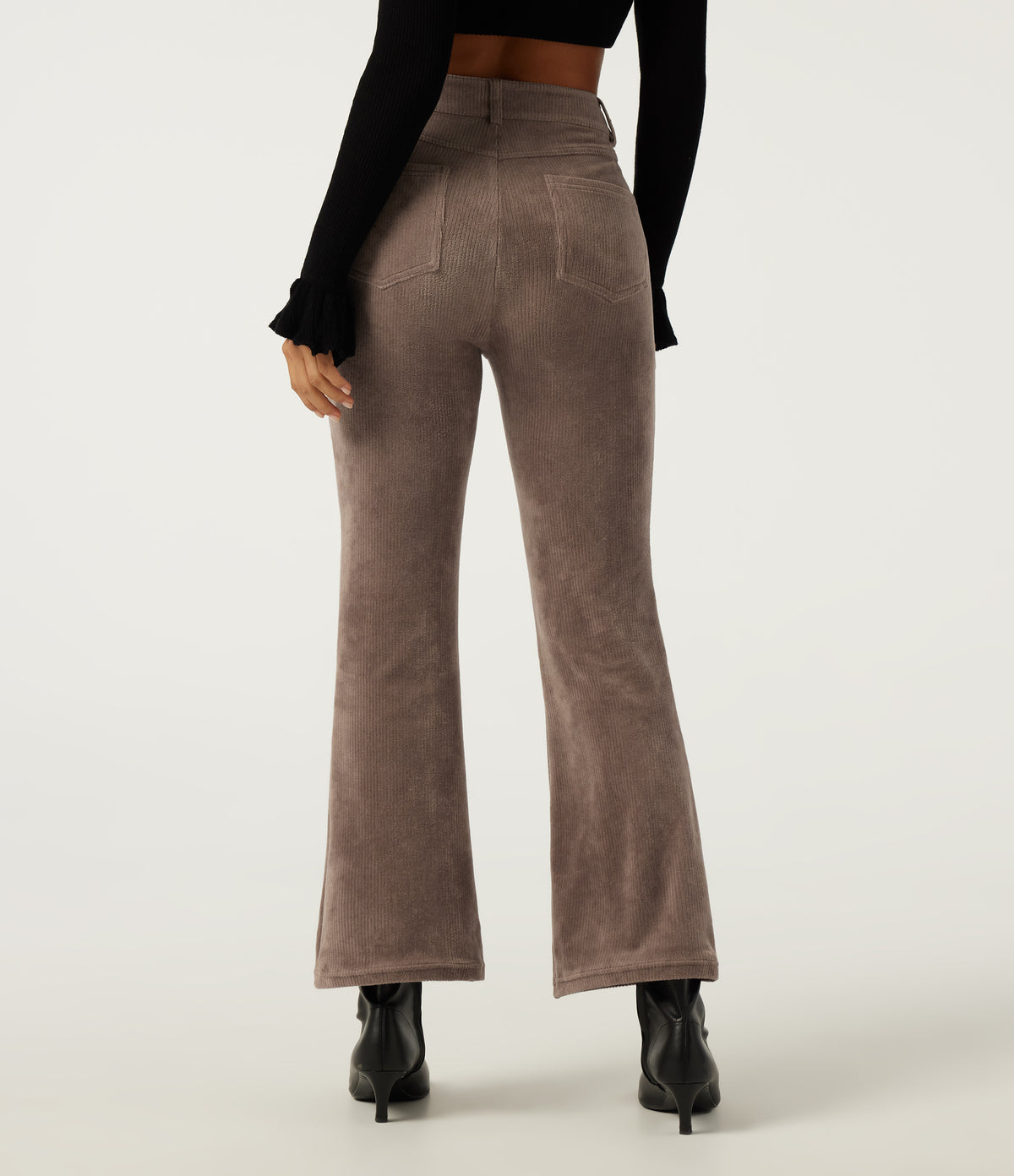 High Waisted Flare Corduroy Casual Trousers with Pockets — Acorn — view 2