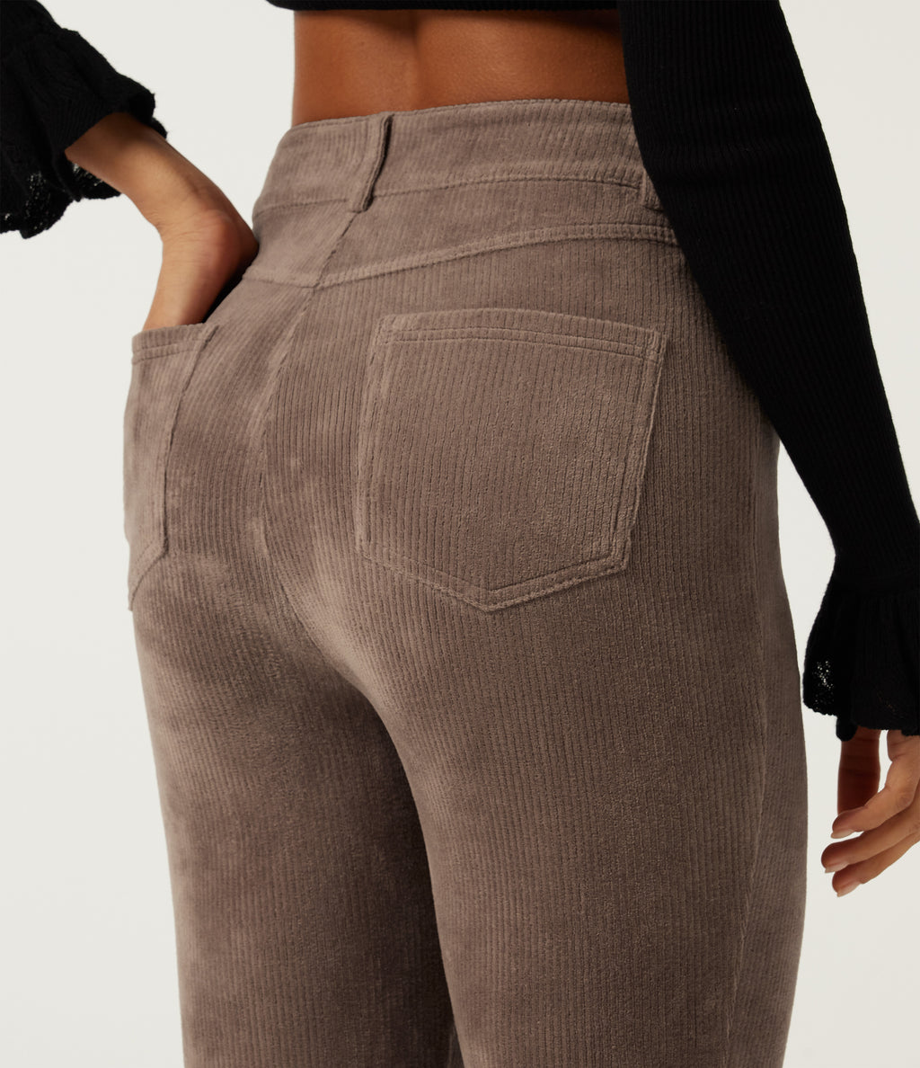 High Waisted Flare Corduroy Casual Trousers with Pockets — Acorn — view 5