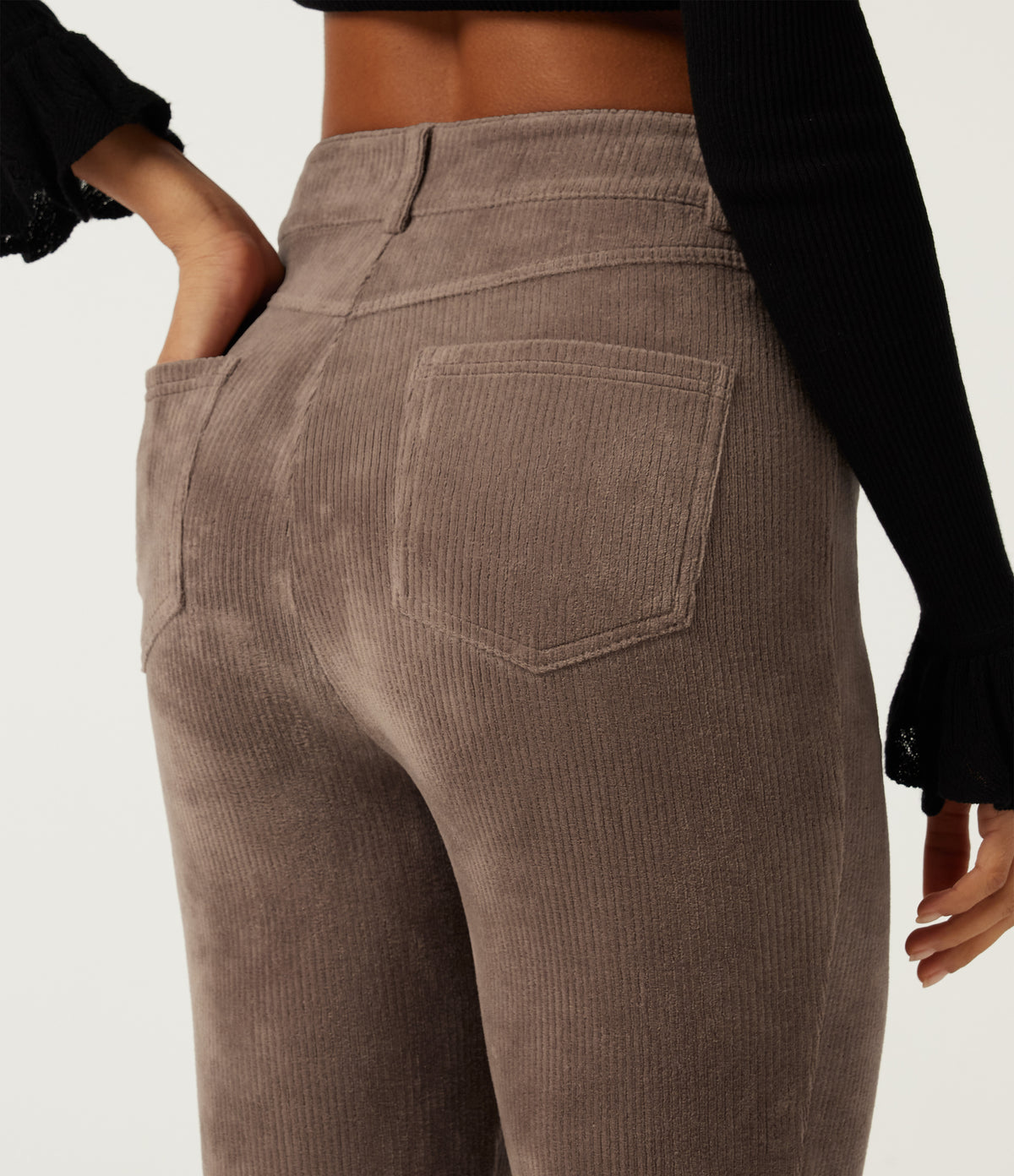 High Waisted Flare Corduroy Casual Trousers with Pockets — Acorn — view 5