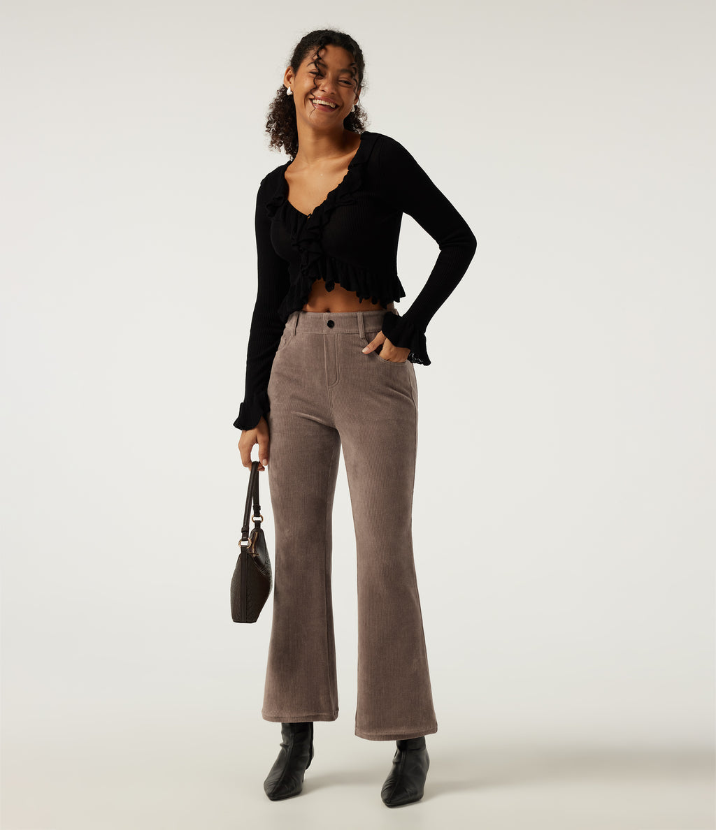 High Waisted Flare Corduroy Casual Trousers with Pockets — Acorn — view 7