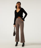 High Waisted Flare Corduroy Casual Trousers with Pockets — Acorn — view 7