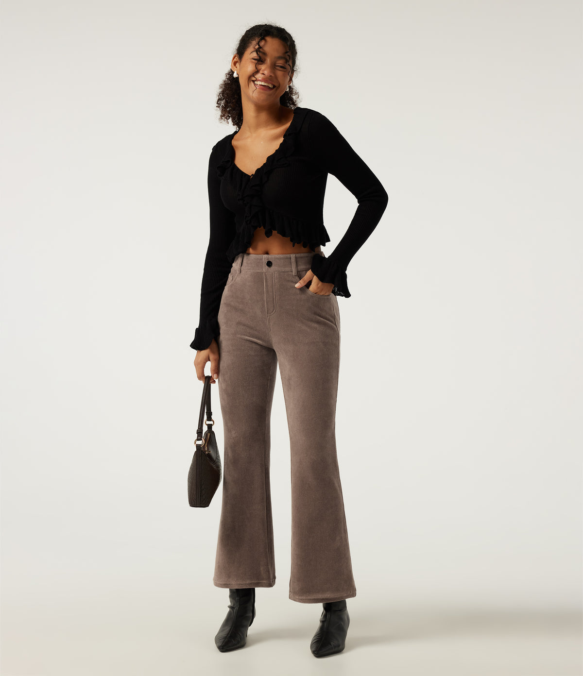 High Waisted Flare Corduroy Casual Trousers with Pockets — Acorn — view 7