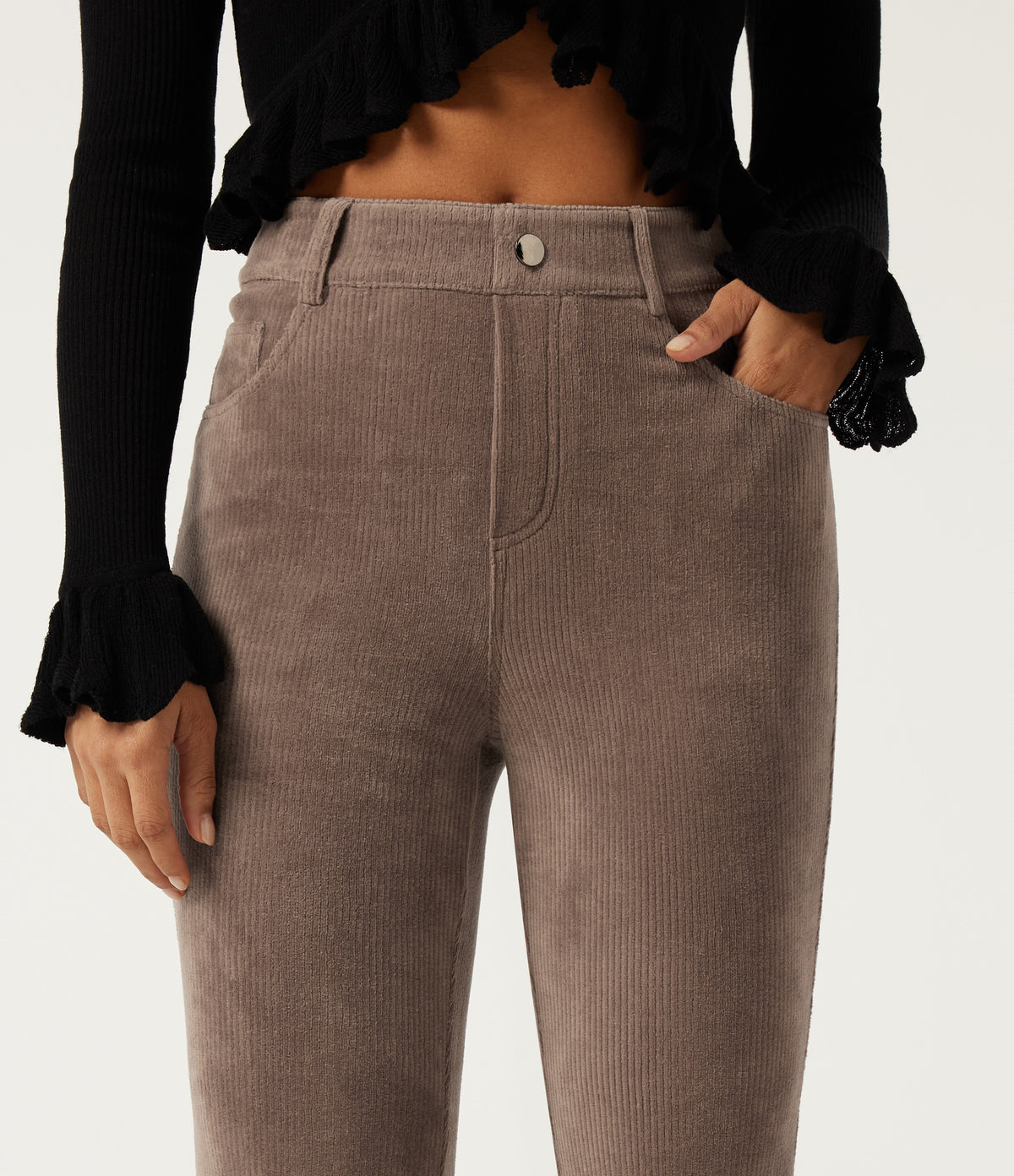 High Waisted Flare Corduroy Casual Trousers with Pockets — Acorn — view 4