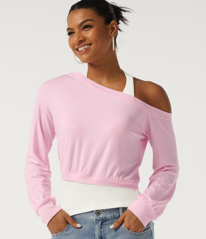 Halter One Shoulder Long Sleeve 2-in-1 Asymmetric Color Block Casual Sweatshirt — Barely Pink — view 1