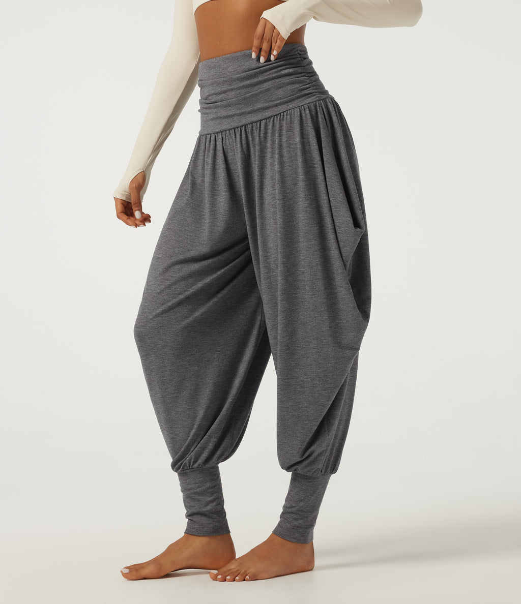 High Waisted Stacked Casual Trousers — Darl Gray Floral Yarn — view 3