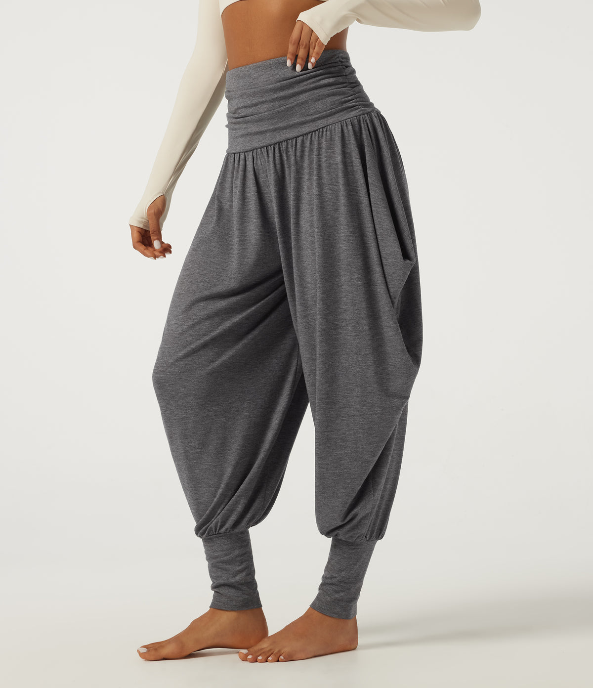 High Waisted Stacked Casual Trousers — Darl Gray Floral Yarn — view 3