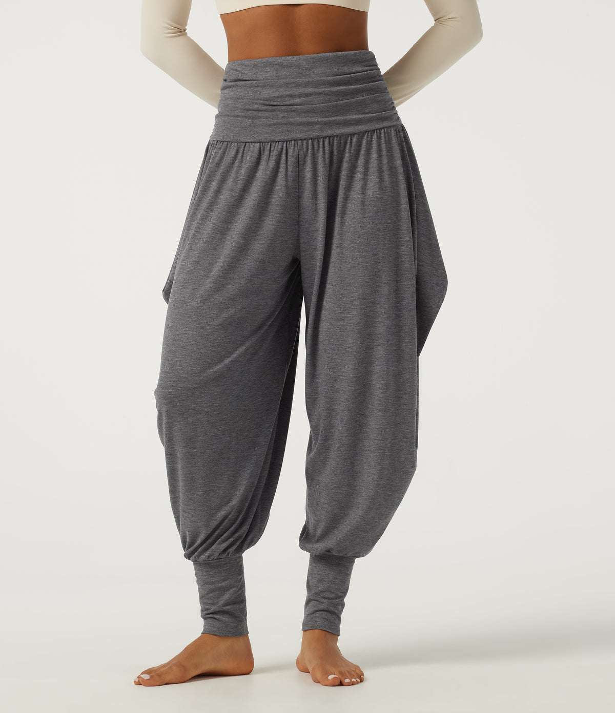High Waisted Stacked Casual Trousers — Darl Gray Floral Yarn — view 1