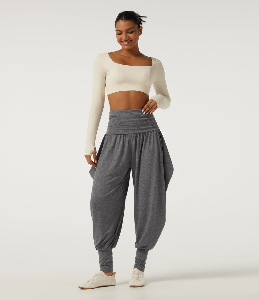 High Waisted Stacked Casual Trousers — Darl Gray Floral Yarn — view 6