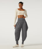 High Waisted Stacked Casual Trousers — Darl Gray Floral Yarn — view 6